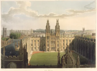 Außenansicht des All Souls College, aufgenommen vom Dach der Radcliffe Library, Illustration aus der 